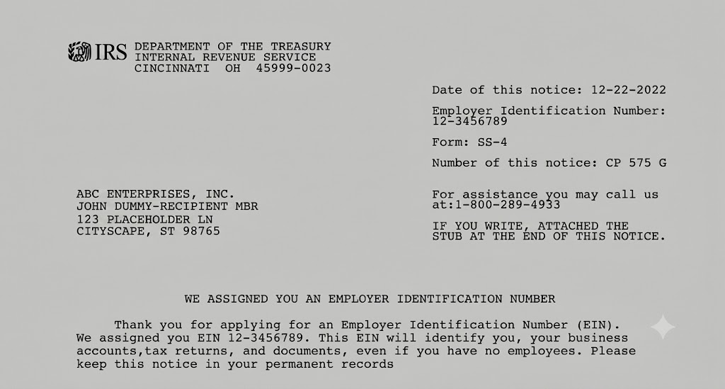 Sample IRS CP575 EIN confirmation letter showing the Employer Identification Number format